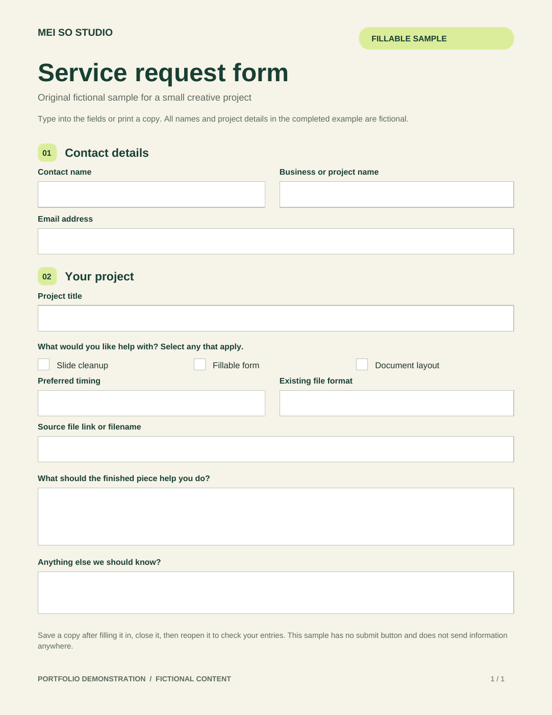 Blank fictional service-request form, with contact and project fields, three service checkboxes and space for project details.